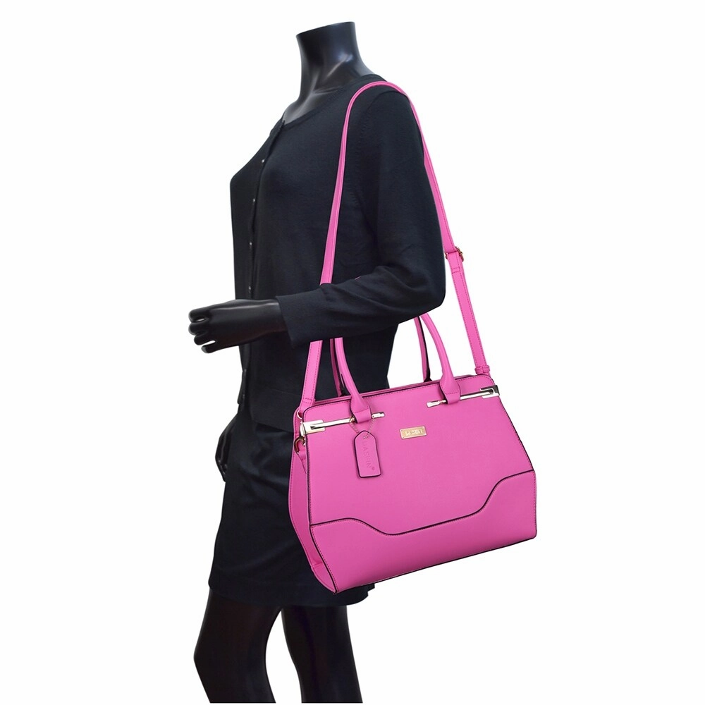 Dasein Faux Leather Satchel GoldTone Top Zip Detachable Strap 14.6in W X 10.6in H
