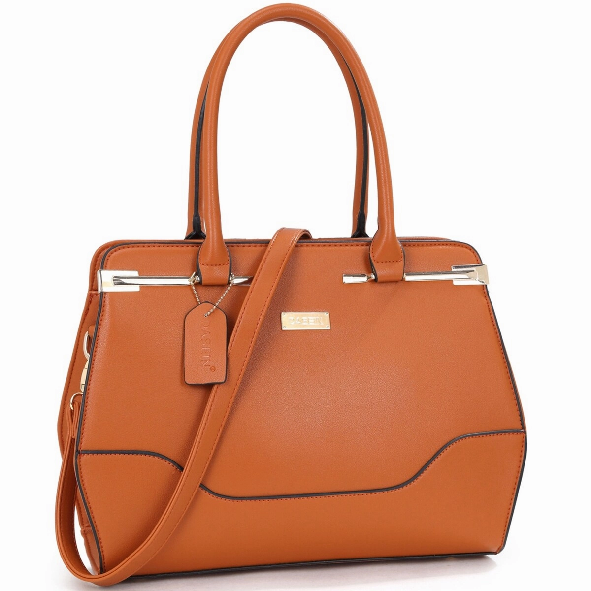 Dasein Faux Leather Satchel GoldTone Top Zip Detachable Strap 14.6in W X 10.6in H