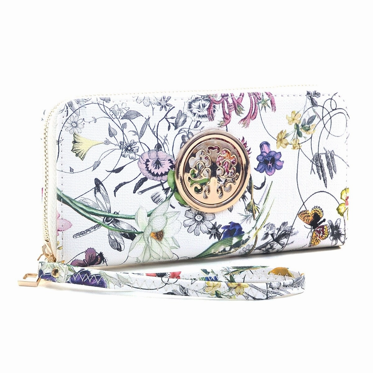 Dasein Floral Zip Around Wallet Faux Leather Gold Emblem 7.75In Slim Design