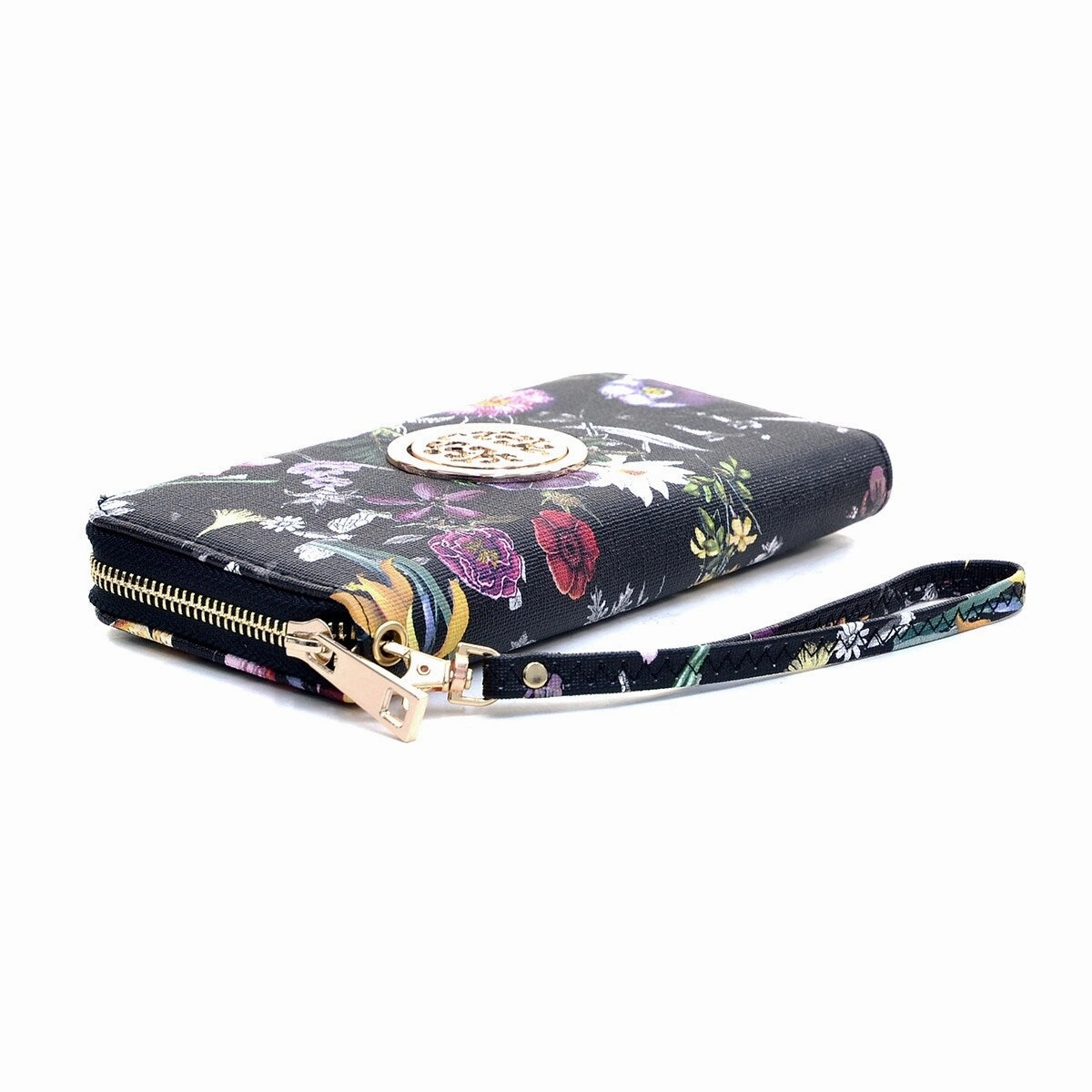 Dasein Floral Zip Around Wallet Faux Leather Gold Emblem 7.75In Slim Design