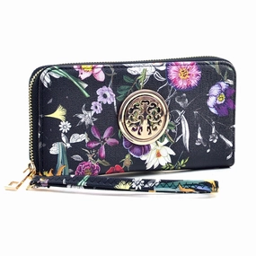 Dasein Floral Zip Around Wallet Faux Leather Gold Emblem 7.75In Slim Design