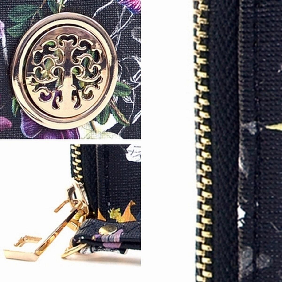 Dasein Floral Zip Around Wallet Faux Leather Gold Emblem 7.75In Slim Design