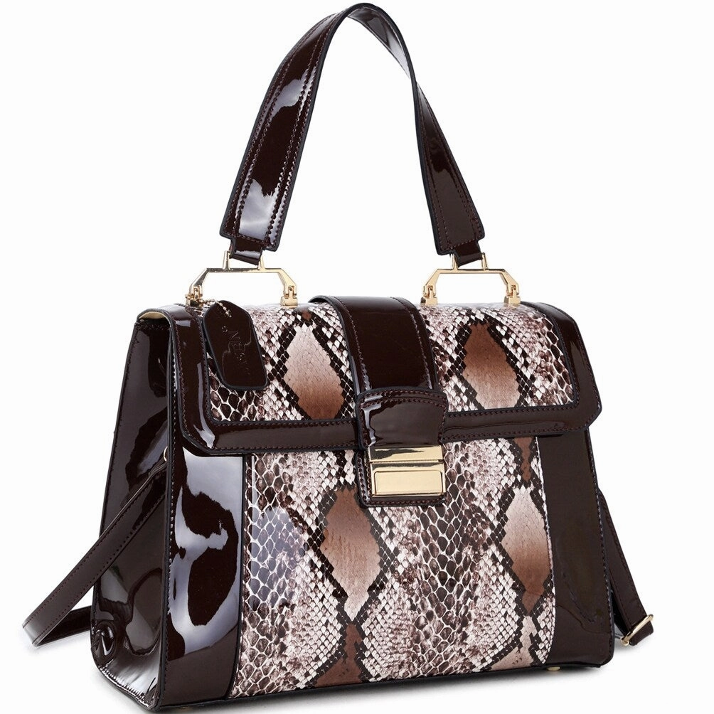 Dasein FoldOver Lock Tote Bag Patent Faux Leather 12.75X11 Black Crossbody