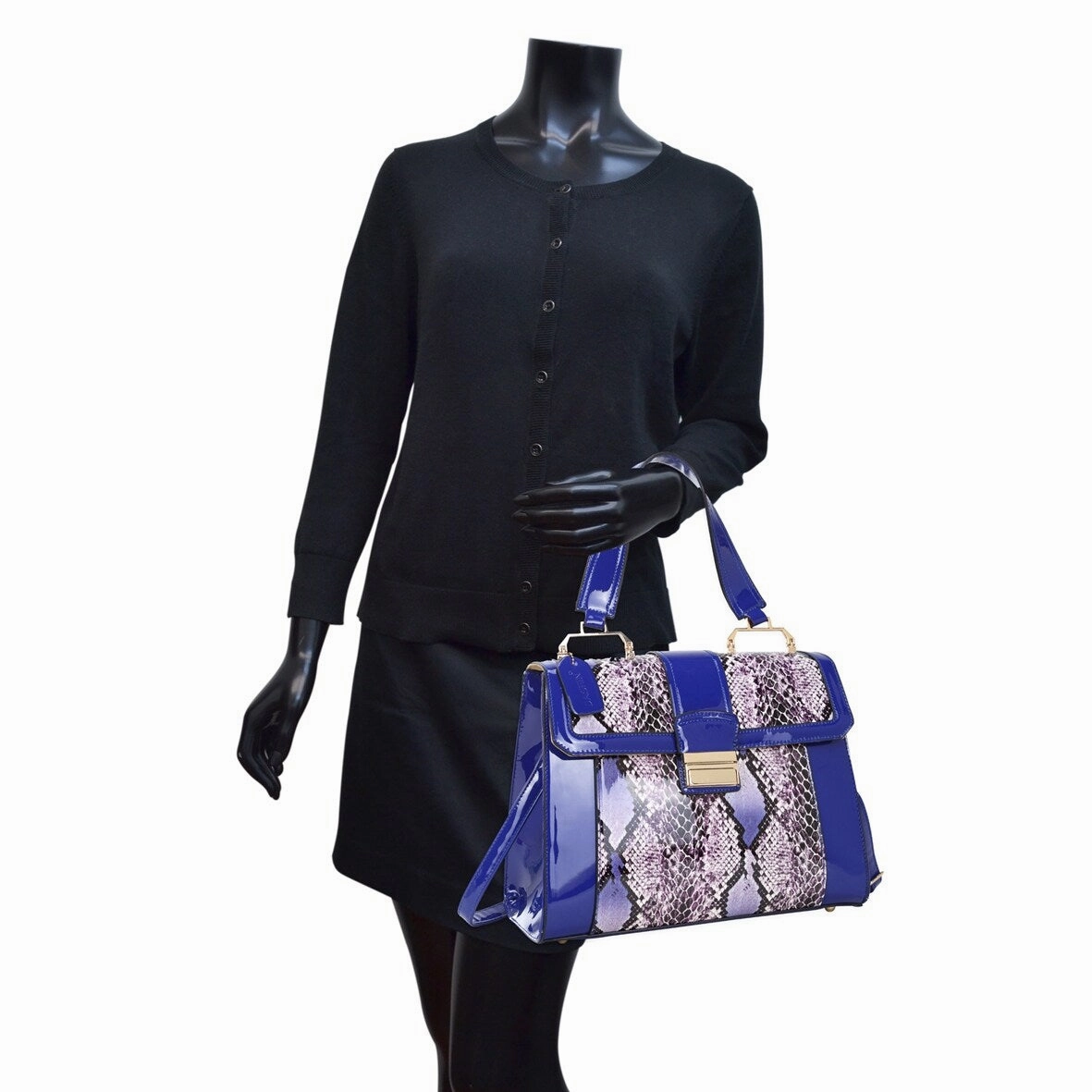 Dasein FoldOver Lock Tote Bag Patent Faux Leather 12.75X11 Black Crossbody
