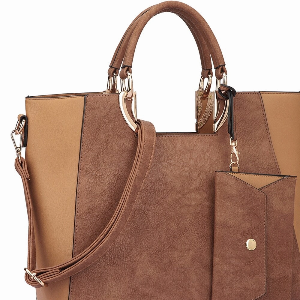 Dasein Womens Color Block Satchel Tote Faux Leather Handbag With Coin Purse