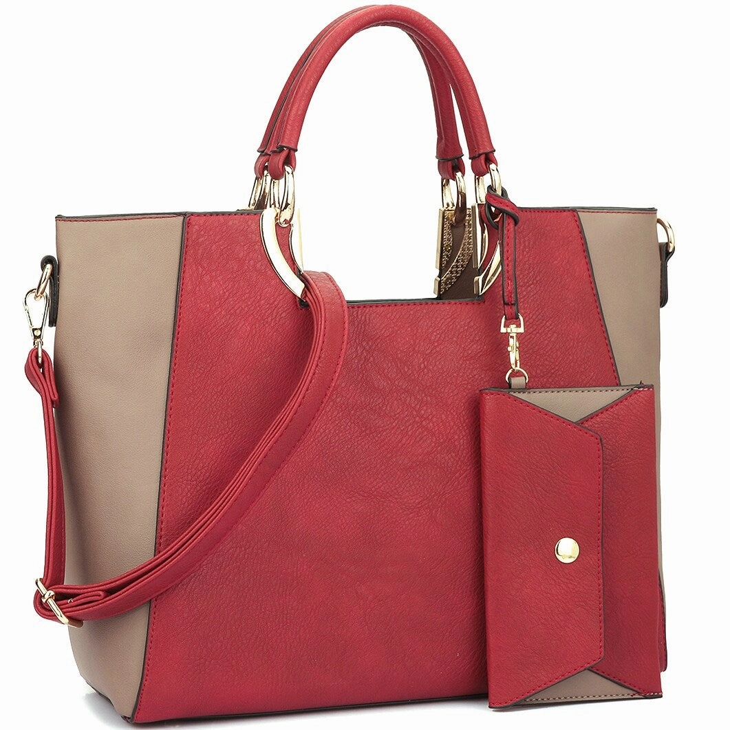 Dasein Womens Color Block Satchel Tote Faux Leather Handbag With Coin Purse
