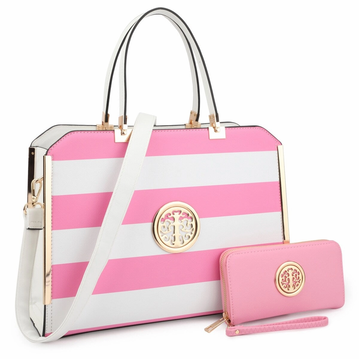 Dasein Womens Fashion Designer Purse Striped Faux Leather Briefcase With Matching Wallet