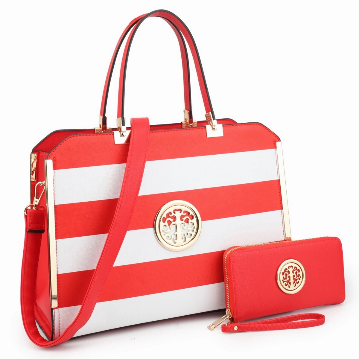 Dasein Womens Fashion Designer Purse Striped Faux Leather Briefcase With Matching Wallet