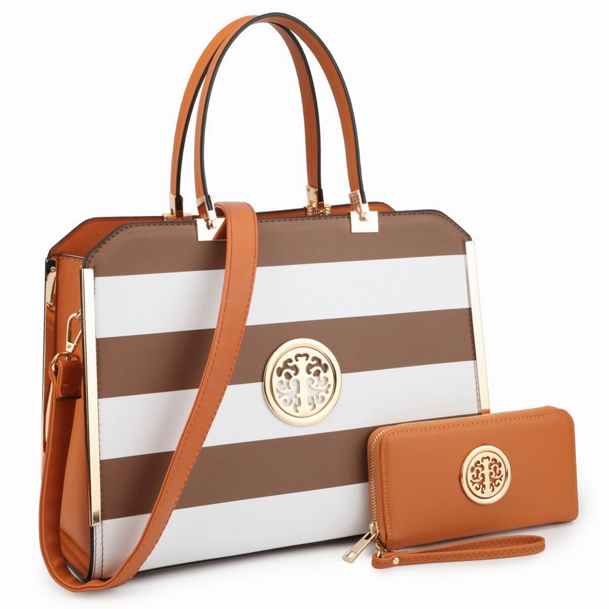 Dasein Womens Fashion Designer Purse Striped Faux Leather Briefcase With Matching Wallet