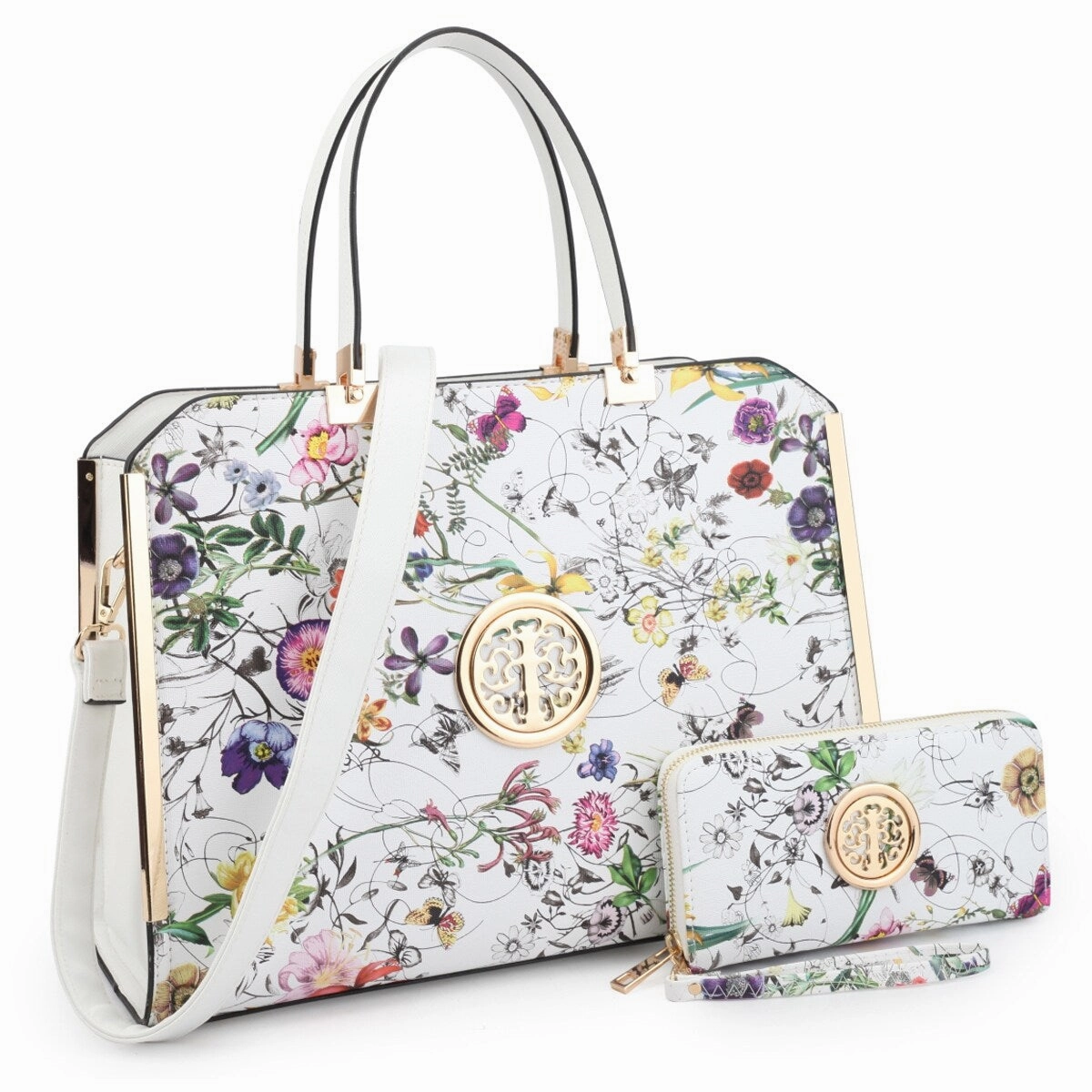 Dasein Womens Faux Leather Briefcase With Wallet Flower Pattern 14.5in X 11in