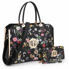 Dasein Womens Faux Leather Briefcase With Wallet Flower Pattern 14.5in X 11in