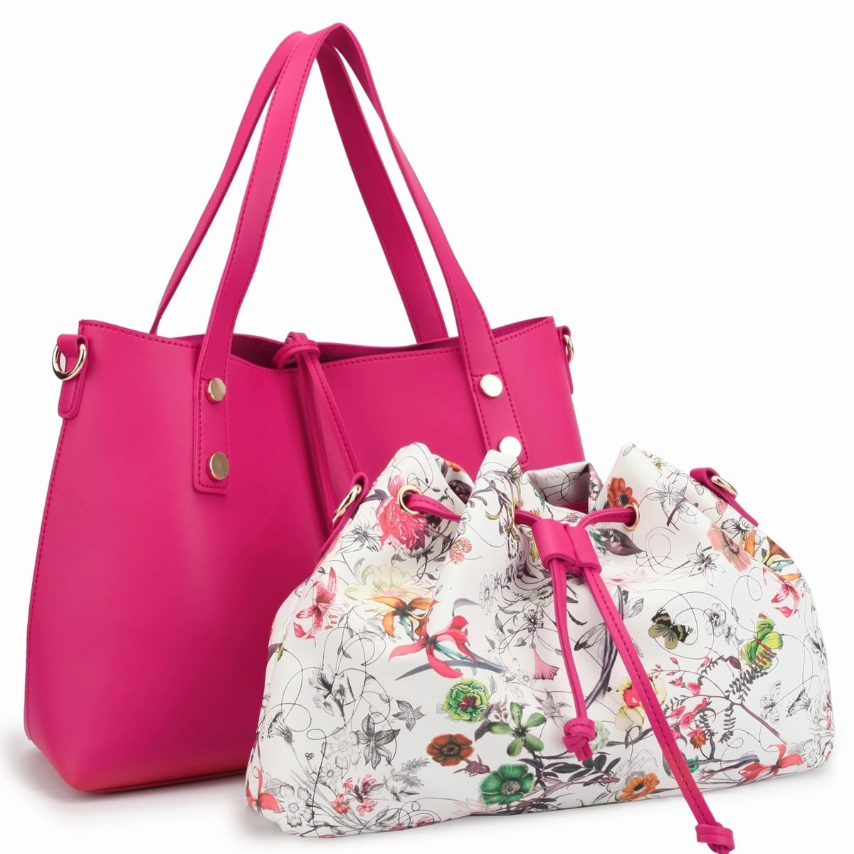 Dasein Womens Faux Leather Tote Bag With Removable Floral Bucket Bag 14.6in W