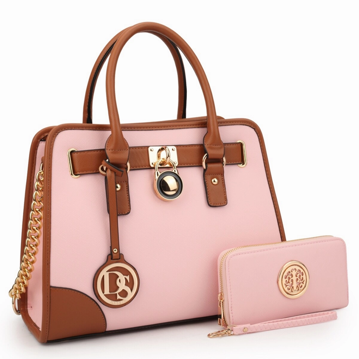 Dasein Womens Medium Leather Satchel Handbag Shoulder Bag With Wallet Brown 13.5in