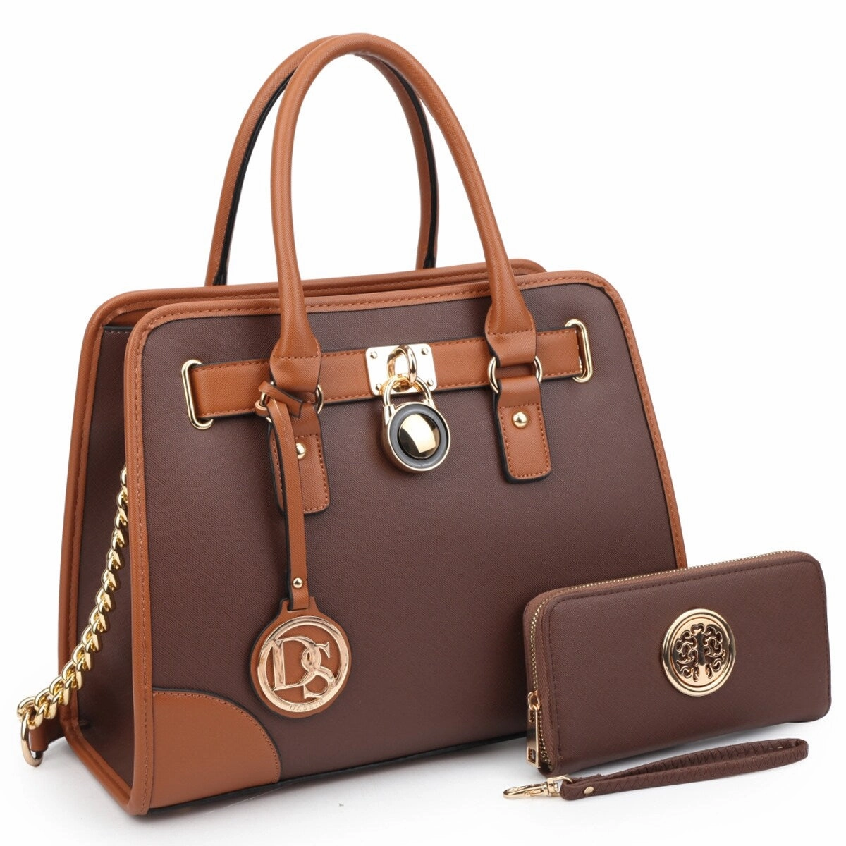 Dasein Womens Medium Leather Satchel Handbag Shoulder Bag With Wallet Brown 13.5in