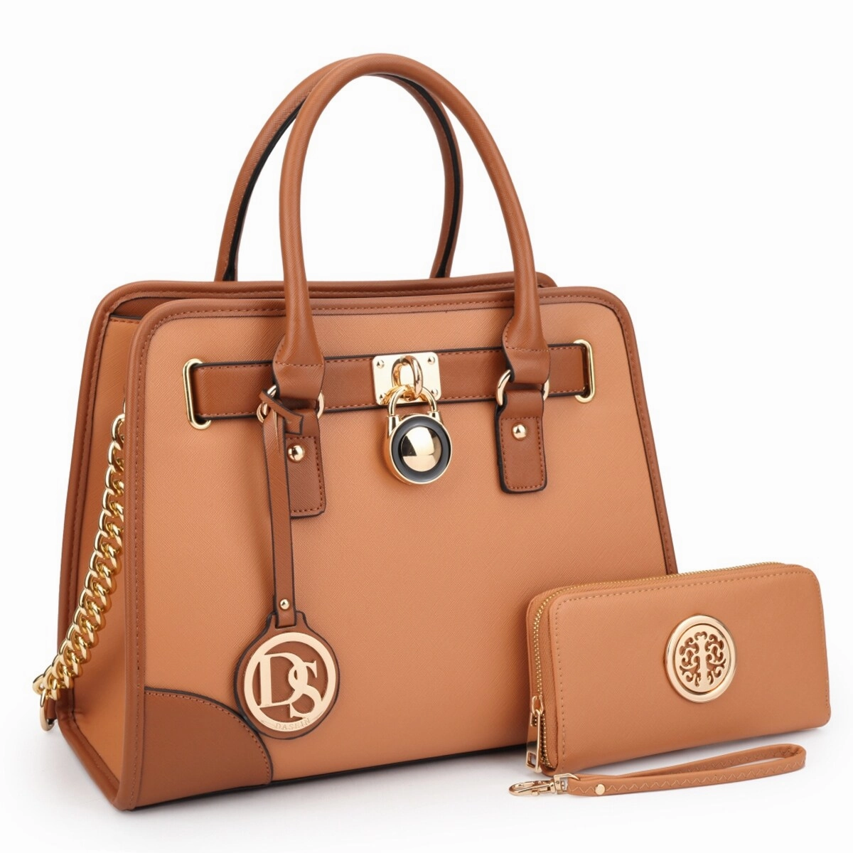 Dasein Womens Medium Leather Satchel Handbag Shoulder Bag With Wallet Brown 13.5in