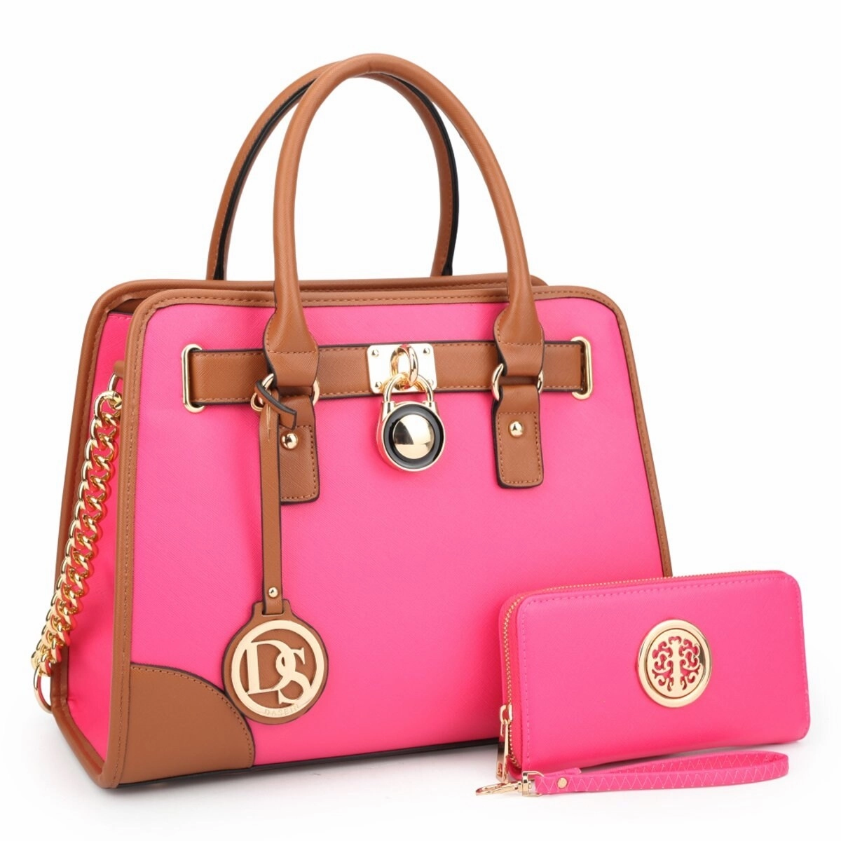 Dasein Womens Medium Leather Satchel Handbag Shoulder Bag With Wallet Brown 13.5in