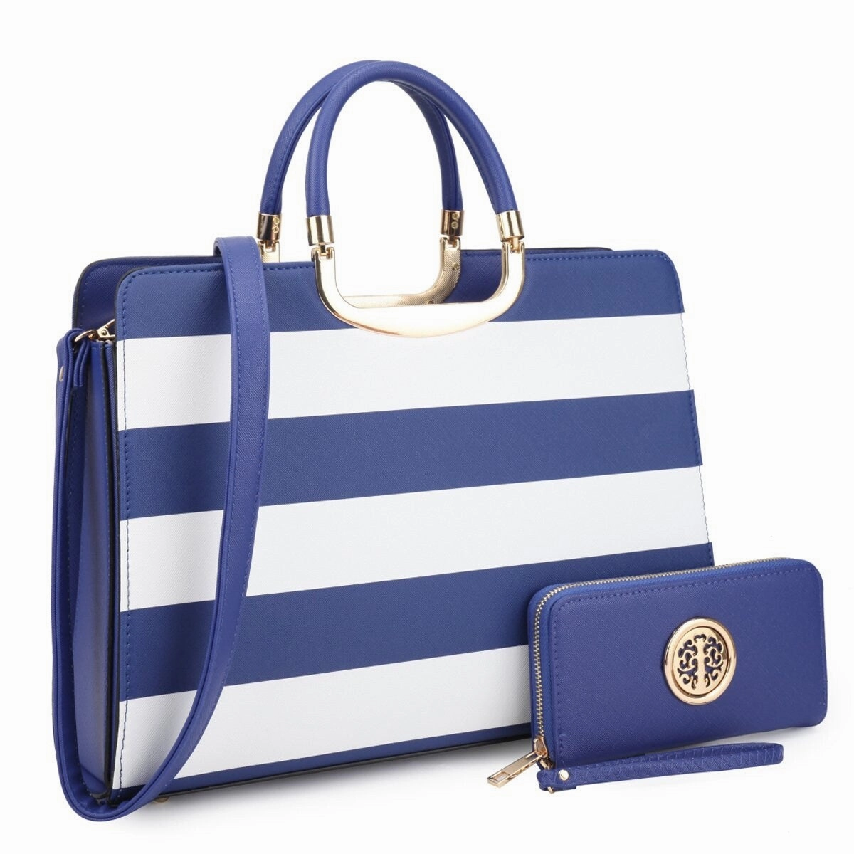 Dasein Womens Patent Leather Striped Briefcase Satchel With Matching Wallet 14.6in