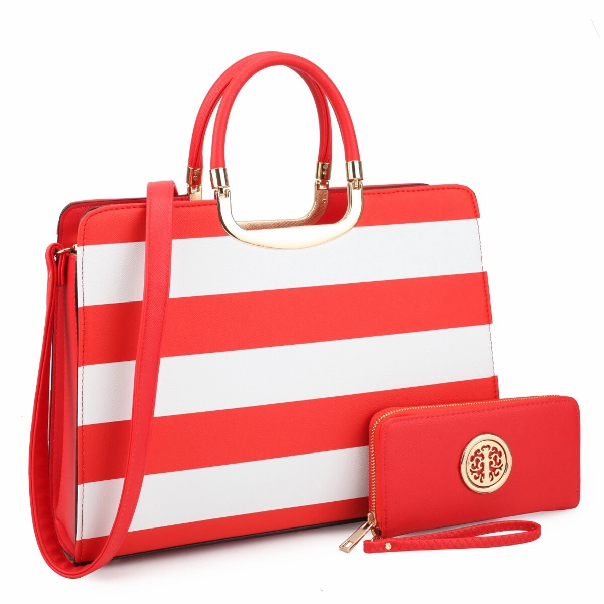 Dasein Womens Patent Leather Striped Briefcase Satchel With Matching Wallet 14.6in