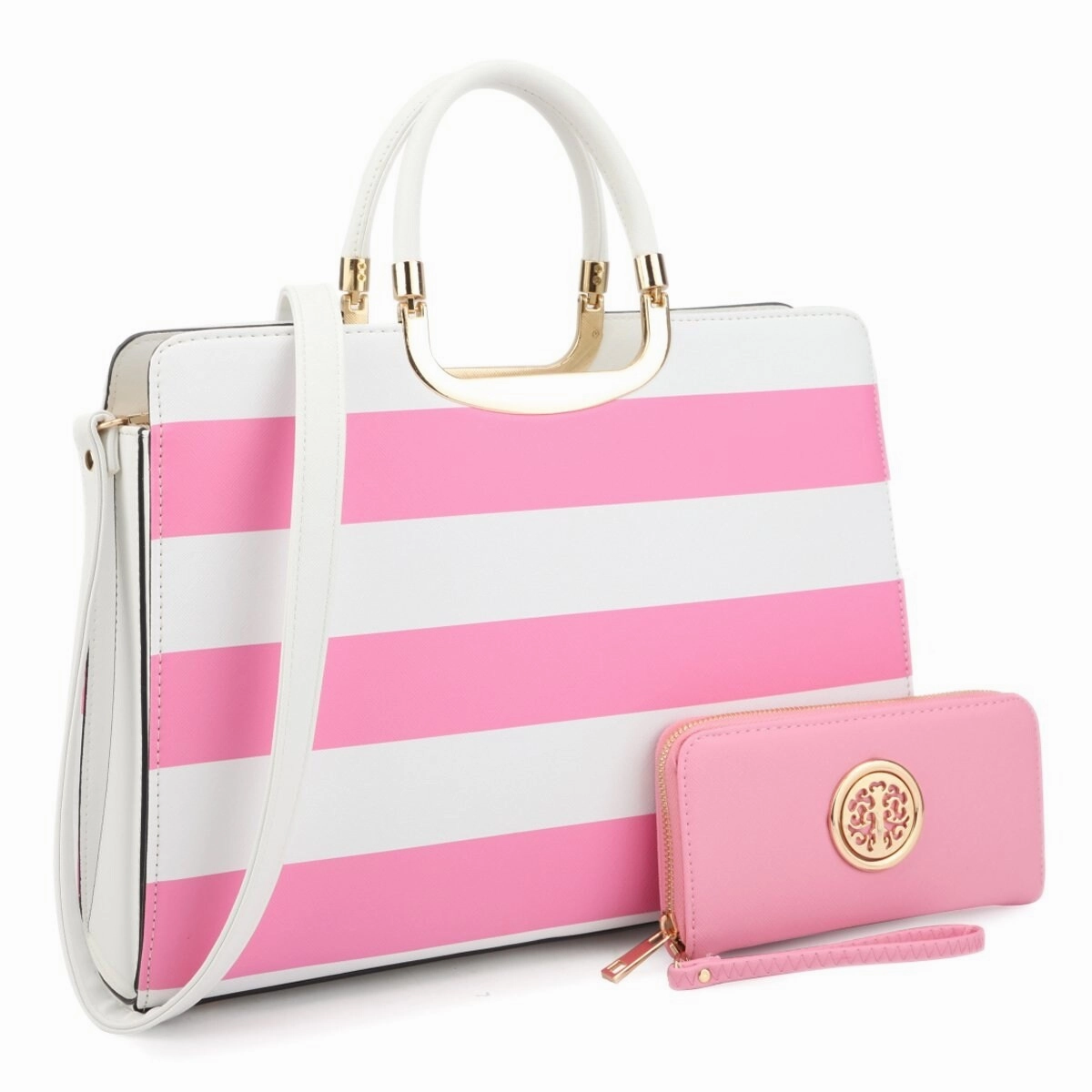 Dasein Womens Patent Leather Striped Briefcase Satchel With Matching Wallet 14.6in