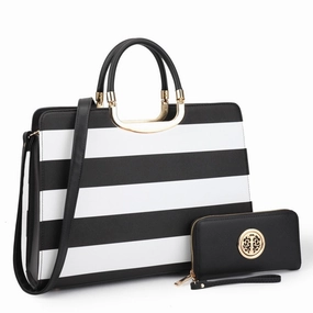 Dasein Womens Patent Leather Striped Briefcase Satchel With Matching Wallet 14.6in