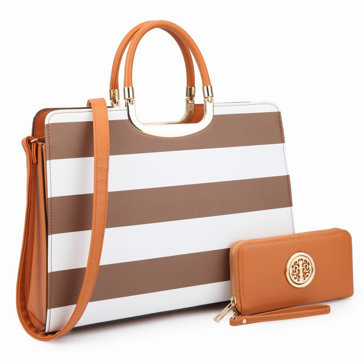 Dasein Womens Patent Leather Striped Briefcase Satchel With Matching Wallet 14.6in