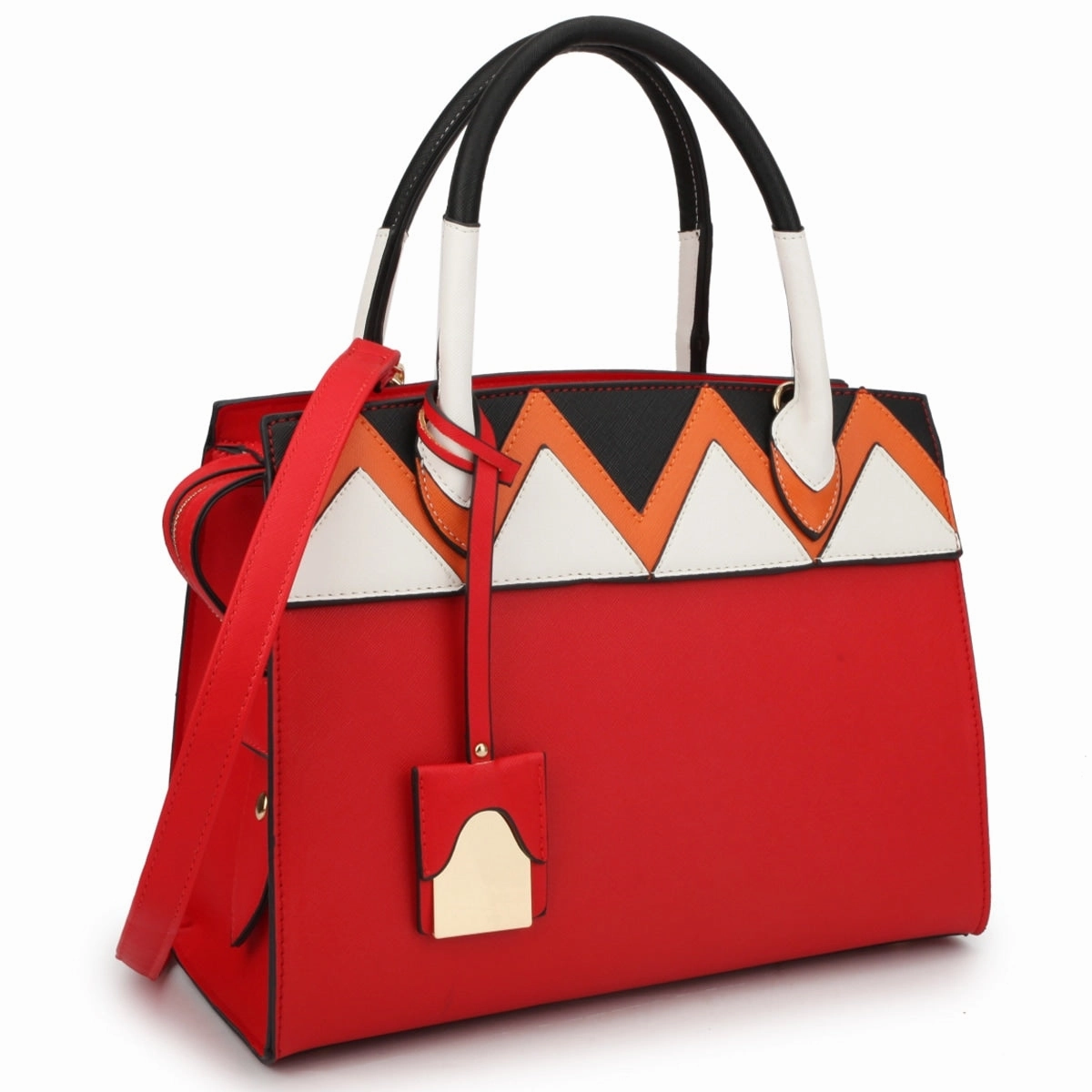 Dasein Womens Two Tone Satchel Tote Handbag Aztec Pattern Faux Leather 13in W