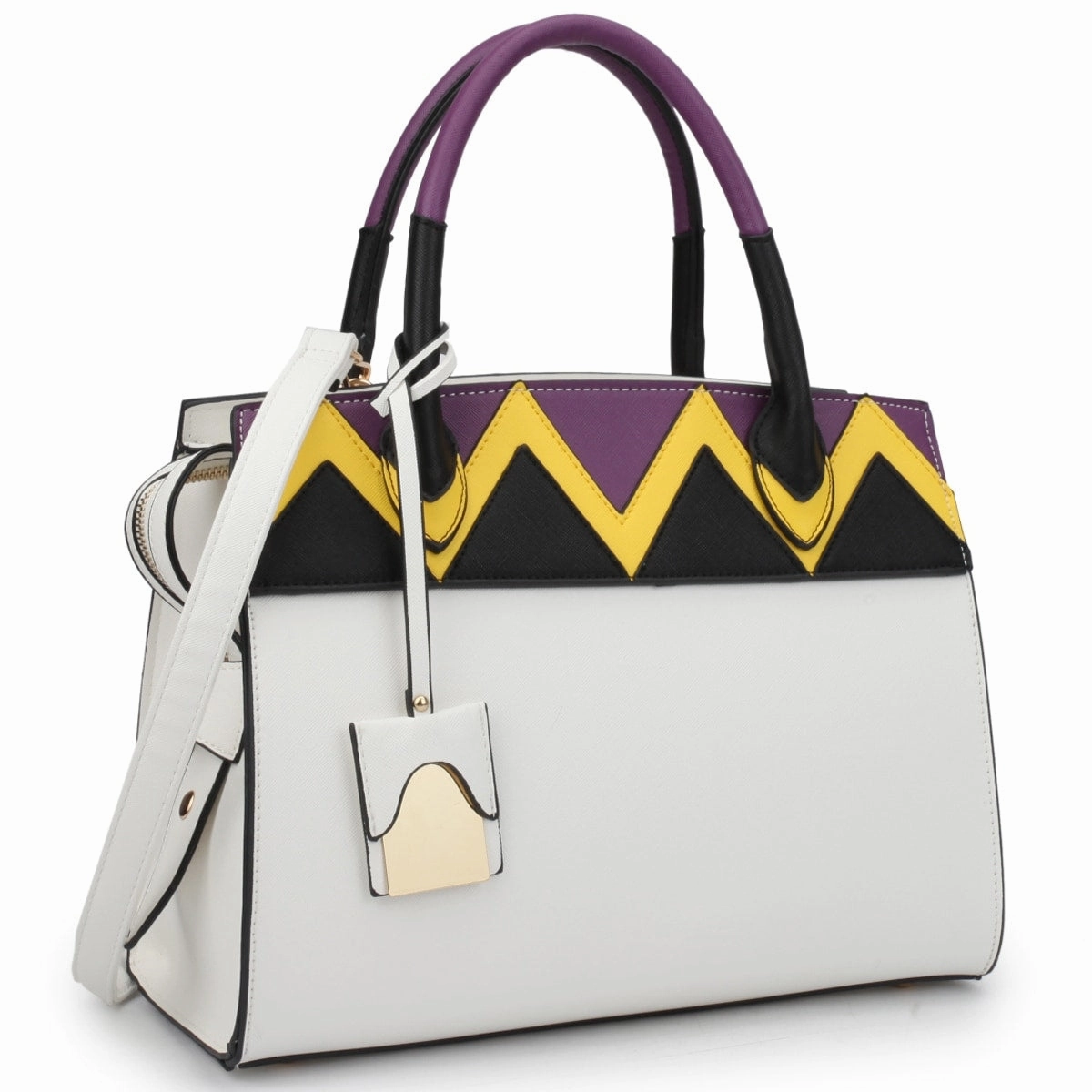 Dasein Womens Two Tone Satchel Tote Handbag Aztec Pattern Faux Leather 13in W