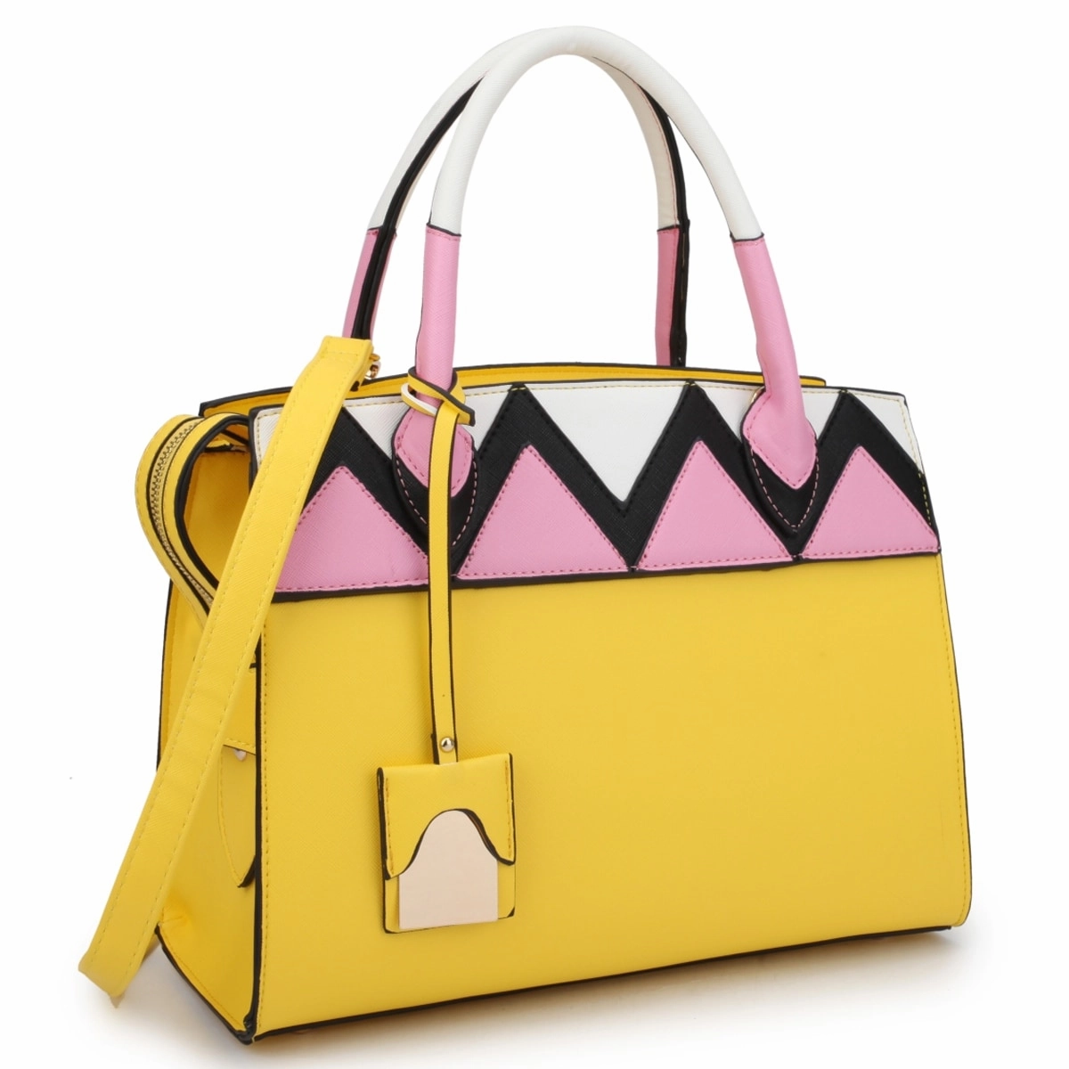 Dasein Womens Two Tone Satchel Tote Handbag Aztec Pattern Faux Leather 13in W