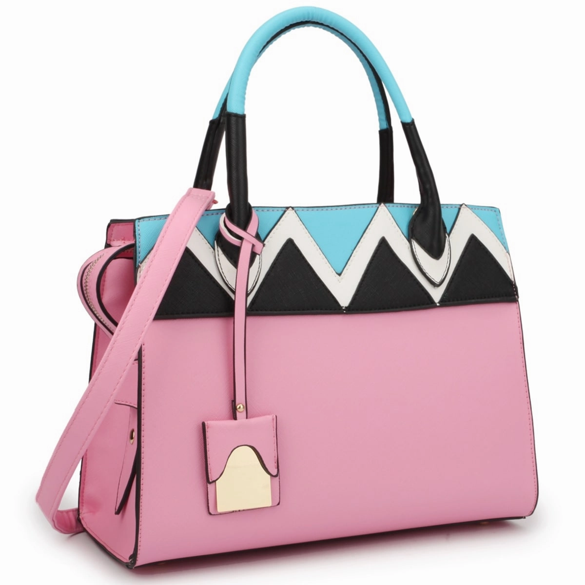 Dasein Womens Two Tone Satchel Tote Handbag Aztec Pattern Faux Leather 13in W