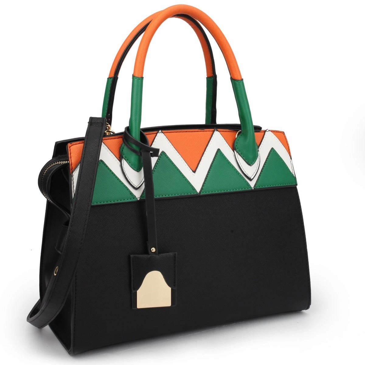 Dasein Womens Two Tone Satchel Tote Handbag Aztec Pattern Faux Leather 13in W