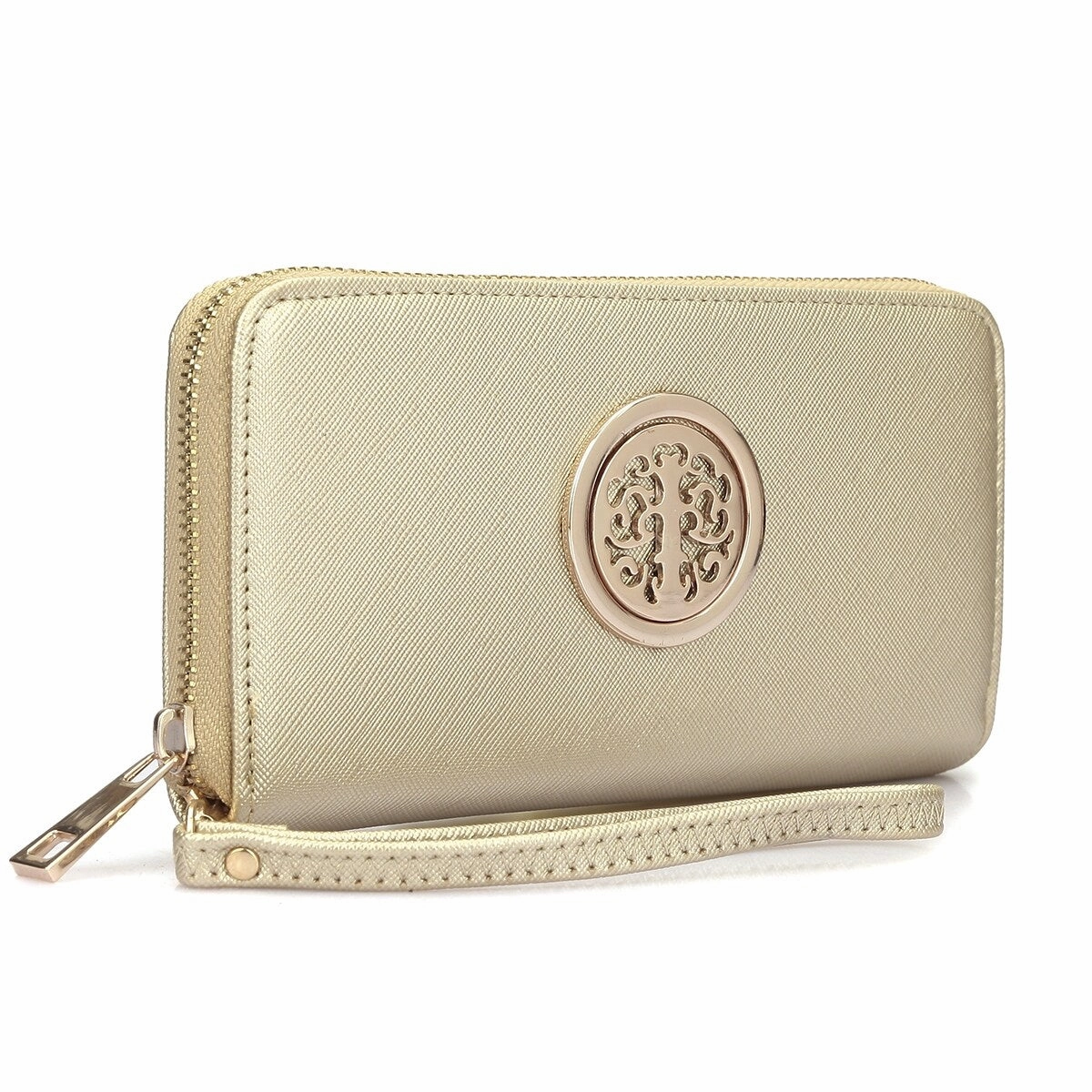 Dasein Zip Around Wallet Purse Faux Leather Gold Emblem 7.75X4 Inch Removable Strap