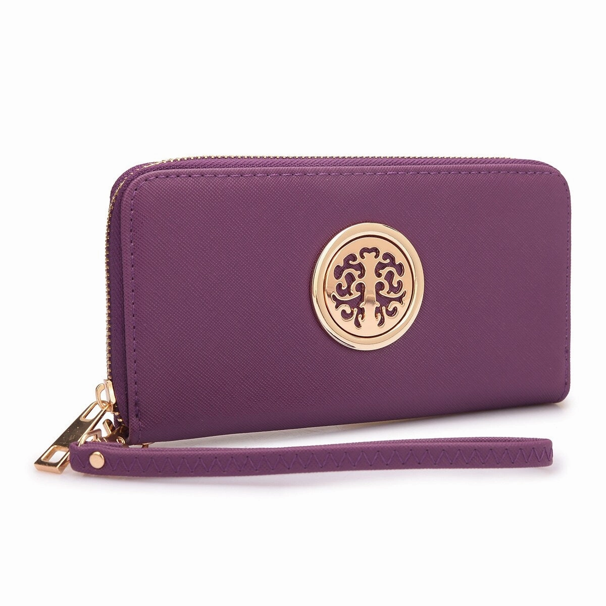 Dasein Zip Around Wallet Purse Faux Leather Gold Emblem 7.75X4 Inch Removable Strap