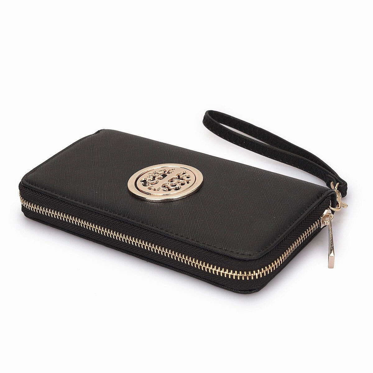 Dasein Zip Around Wallet Purse Faux Leather Gold Emblem 7.75X4 Inch Removable Strap