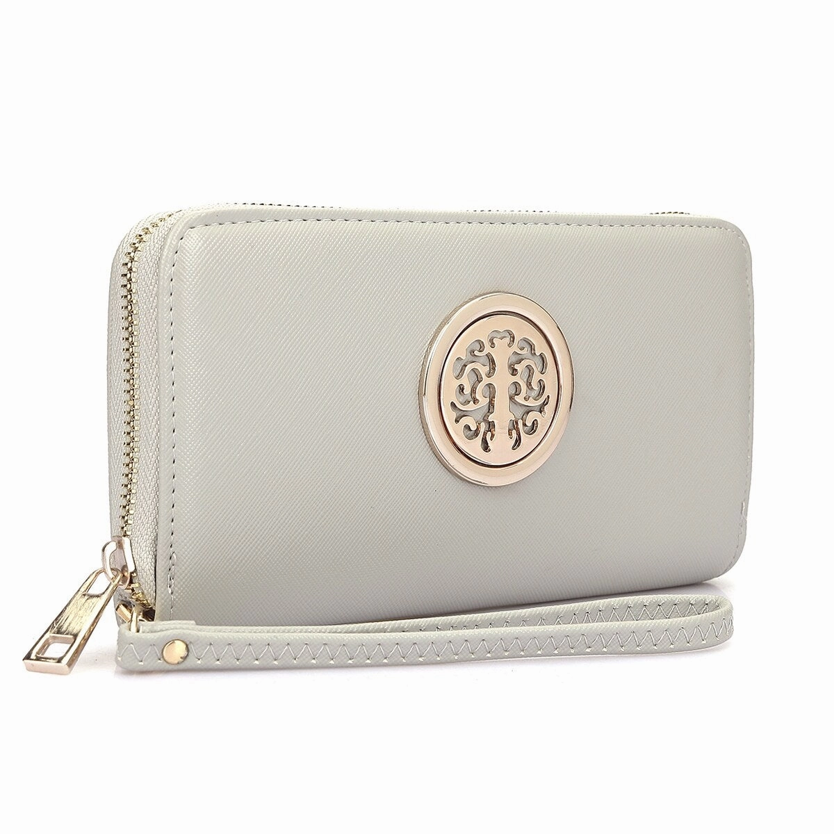 Dasein Zip Around Wallet Purse Faux Leather Gold Emblem 7.75X4 Inch Removable Strap