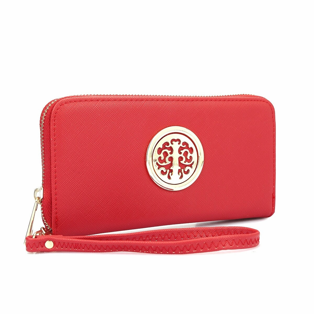 Dasein Zip Around Wallet Purse Faux Leather Gold Emblem 7.75X4 Inch Removable Strap