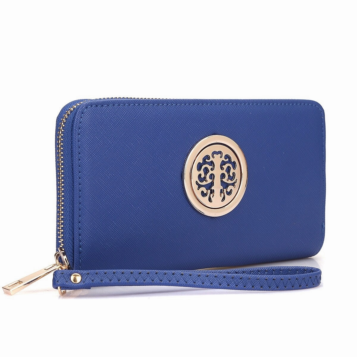 Dasein Zip Around Wallet Purse Faux Leather Gold Emblem 7.75X4 Inch Removable Strap