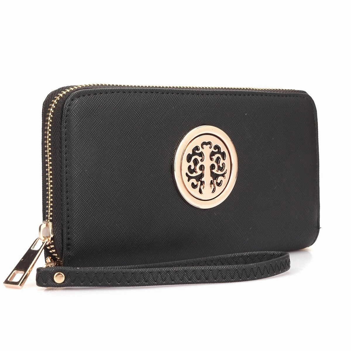 Dasein Zip Around Wallet Purse Faux Leather Gold Emblem 7.75X4 Inch Removable Strap