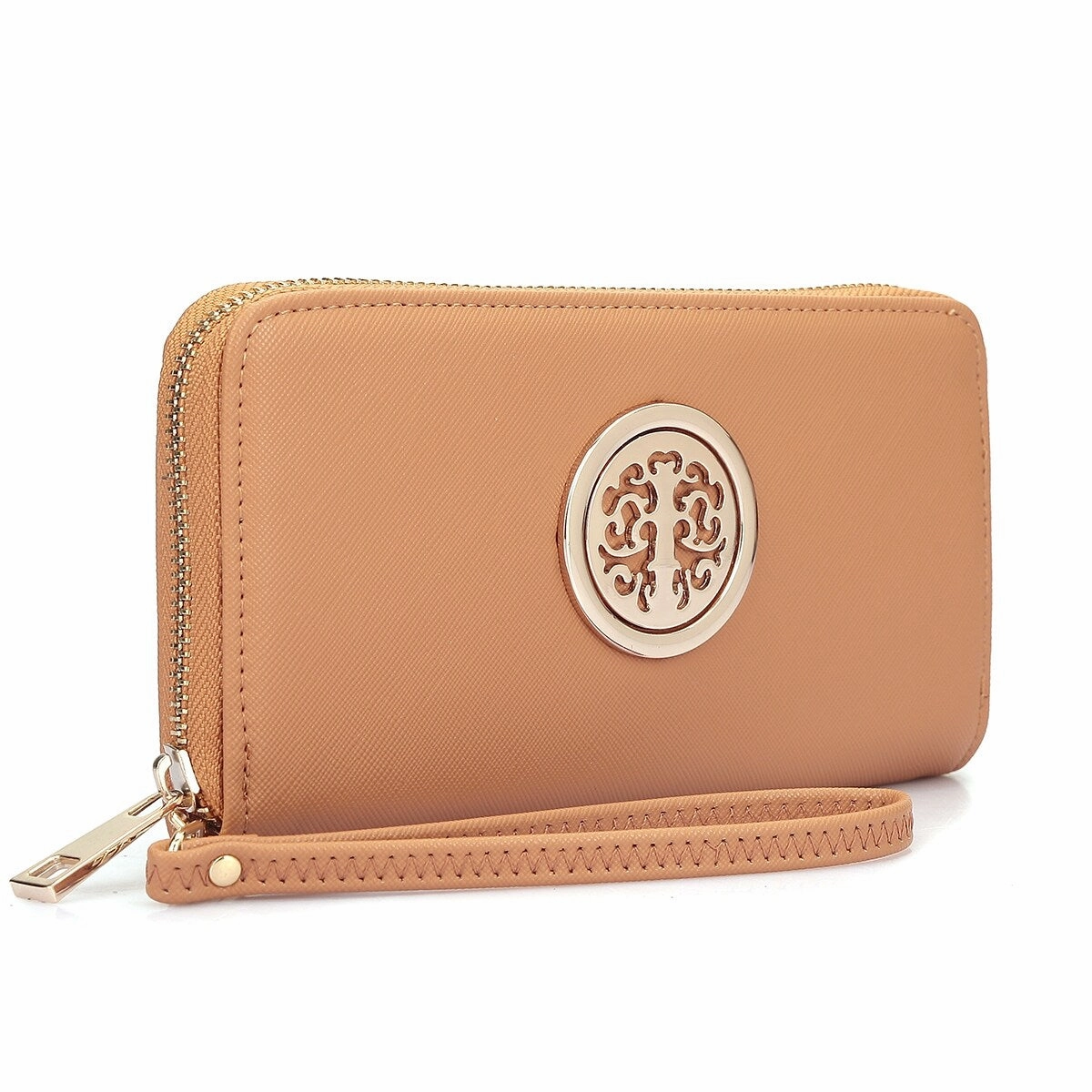 Dasein Zip Around Wallet Purse Faux Leather Gold Emblem 7.75X4 Inch Removable Strap