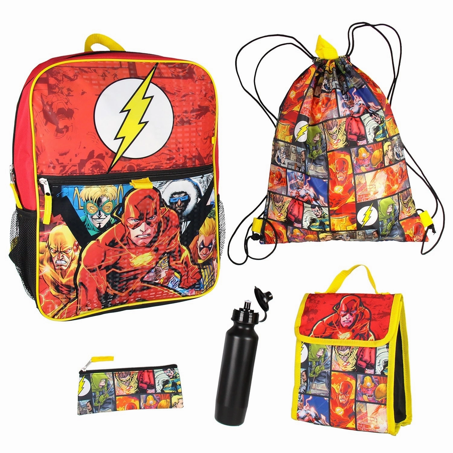 DC Comics The Flash 16" Backpack Cinch Bag Water Bottle Lunch Tote 5 Pc Set - One Size