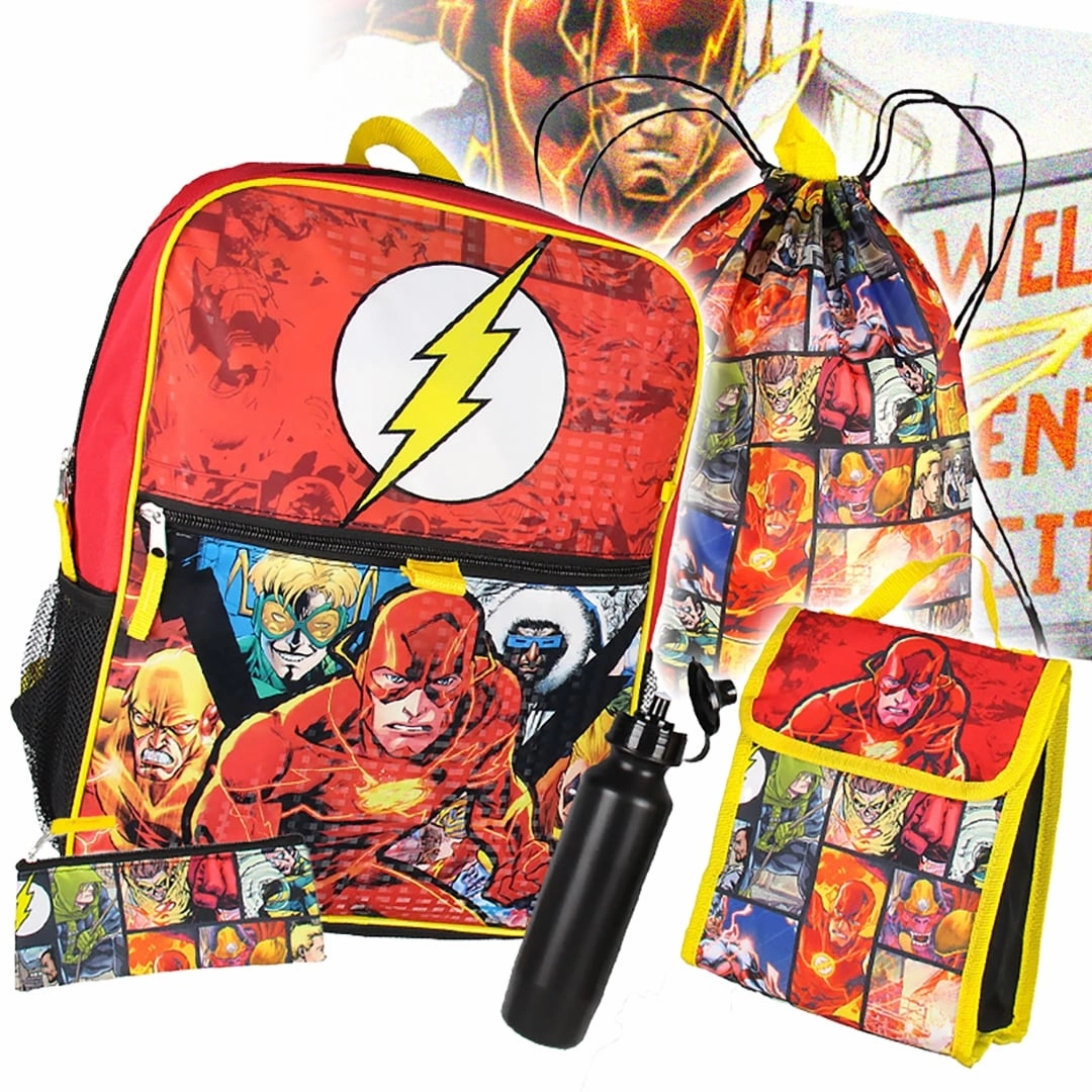 DC Comics The Flash 16" Backpack Cinch Bag Water Bottle Lunch Tote 5 Pc Set - One Size