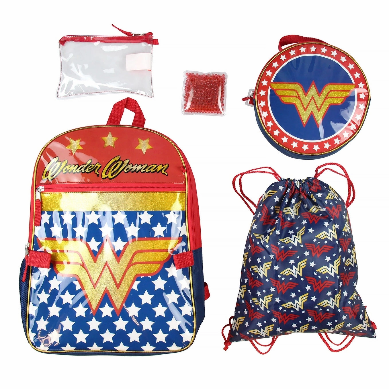 DC Comics Wonder Woman Backpack Lunch Bag Pencil Case Drawstring Sportpack 5pc Set - One Size