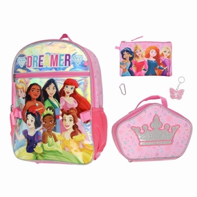Disney Princess Cinderella Belle Rapunzel Dreamer 5 Pc Backpack Lunch Box Set - One Size