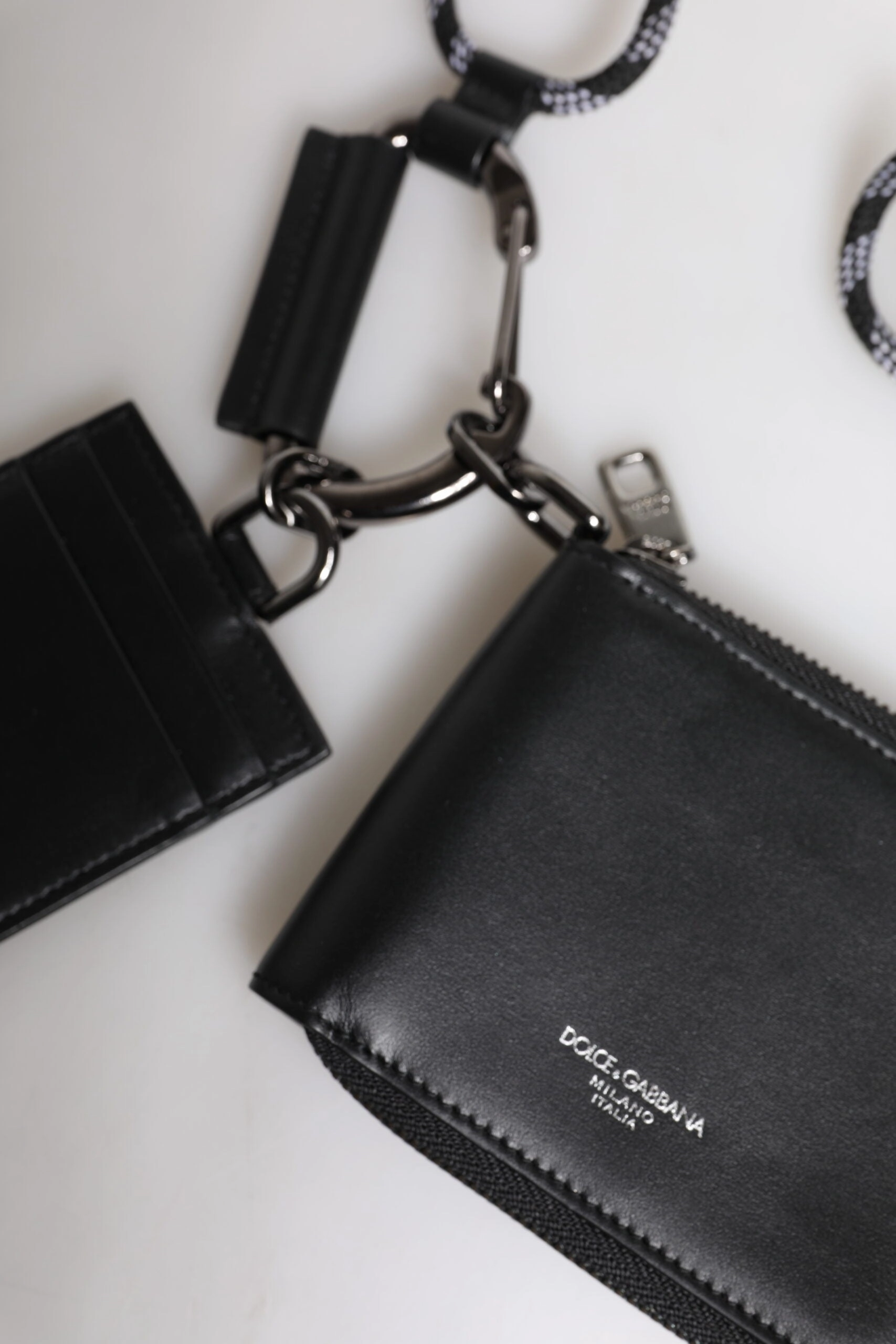 Dolce & Gabbana Black Leather Lanyard Zip Around Card Holder Wallet