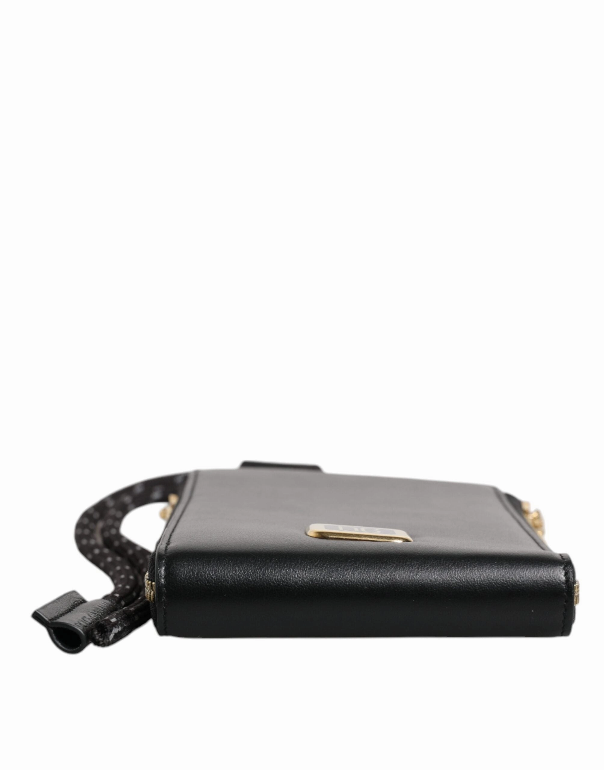 Dolce & Gabbana Black Leather Logo Plaque Neck Strap Card Coin Wallet