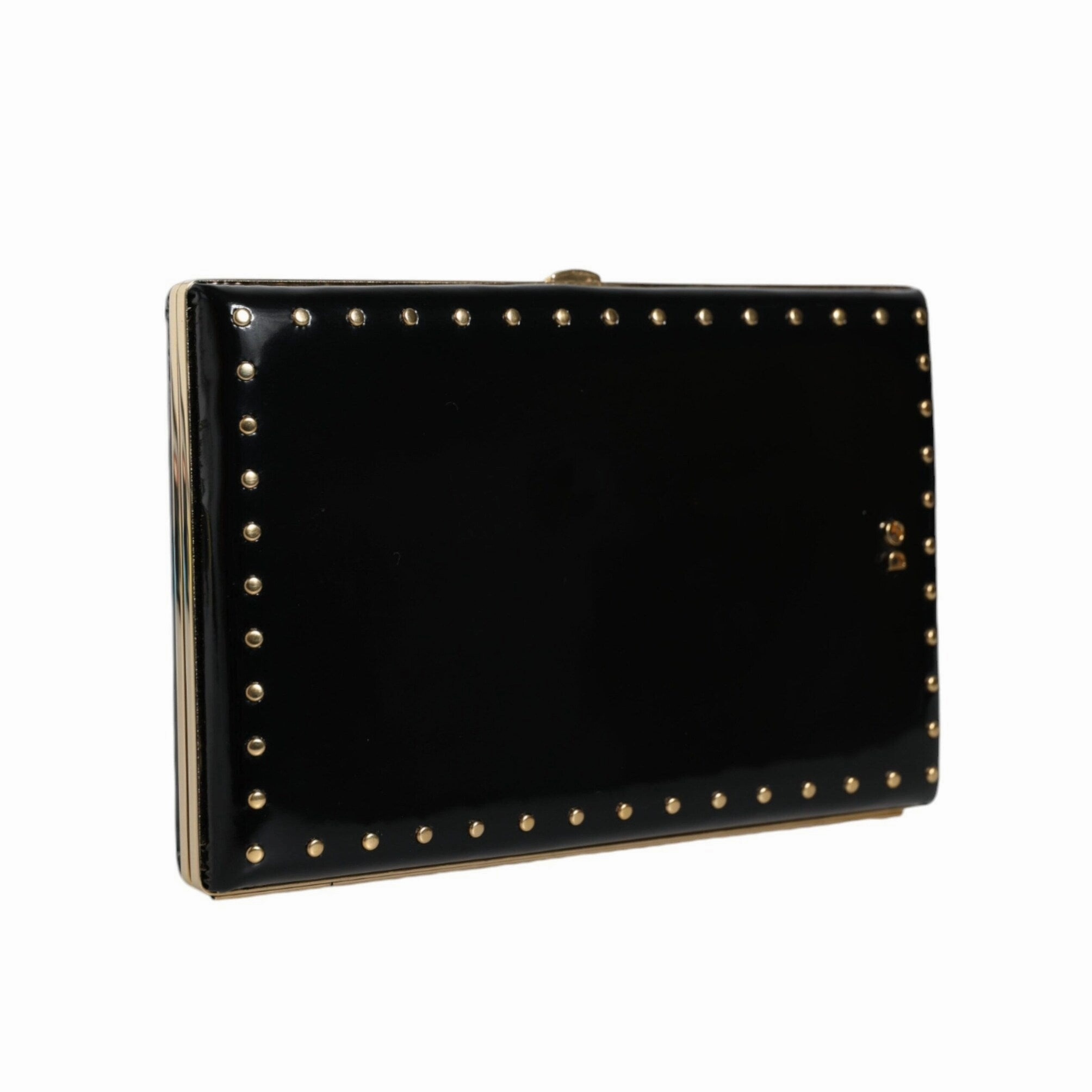 Dolce & Gabbana Black Leather Studs Gold Frame Clutch Evening Purse Women's Bag