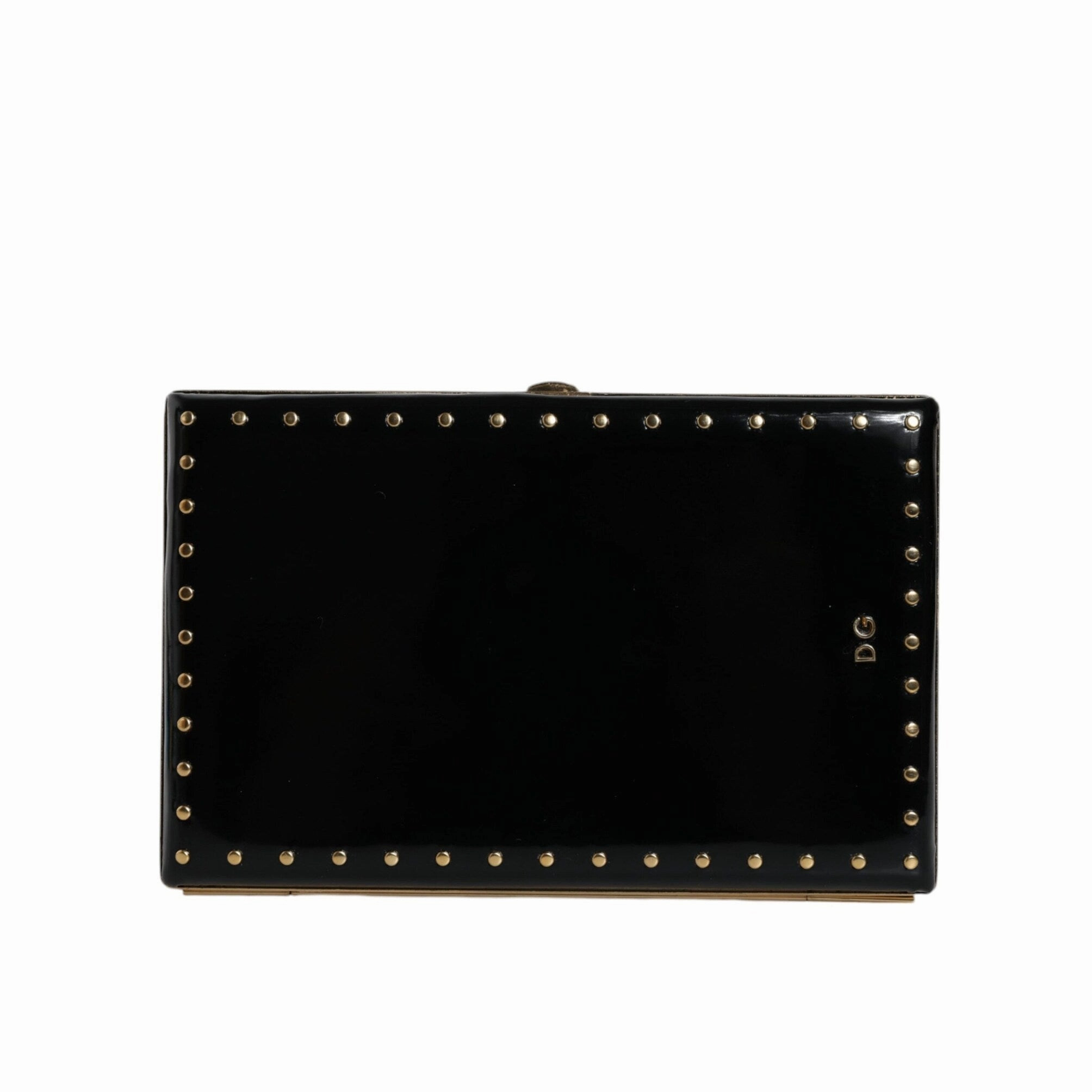 Dolce & Gabbana Black Leather Studs Gold Frame Clutch Evening Purse Women's Bag