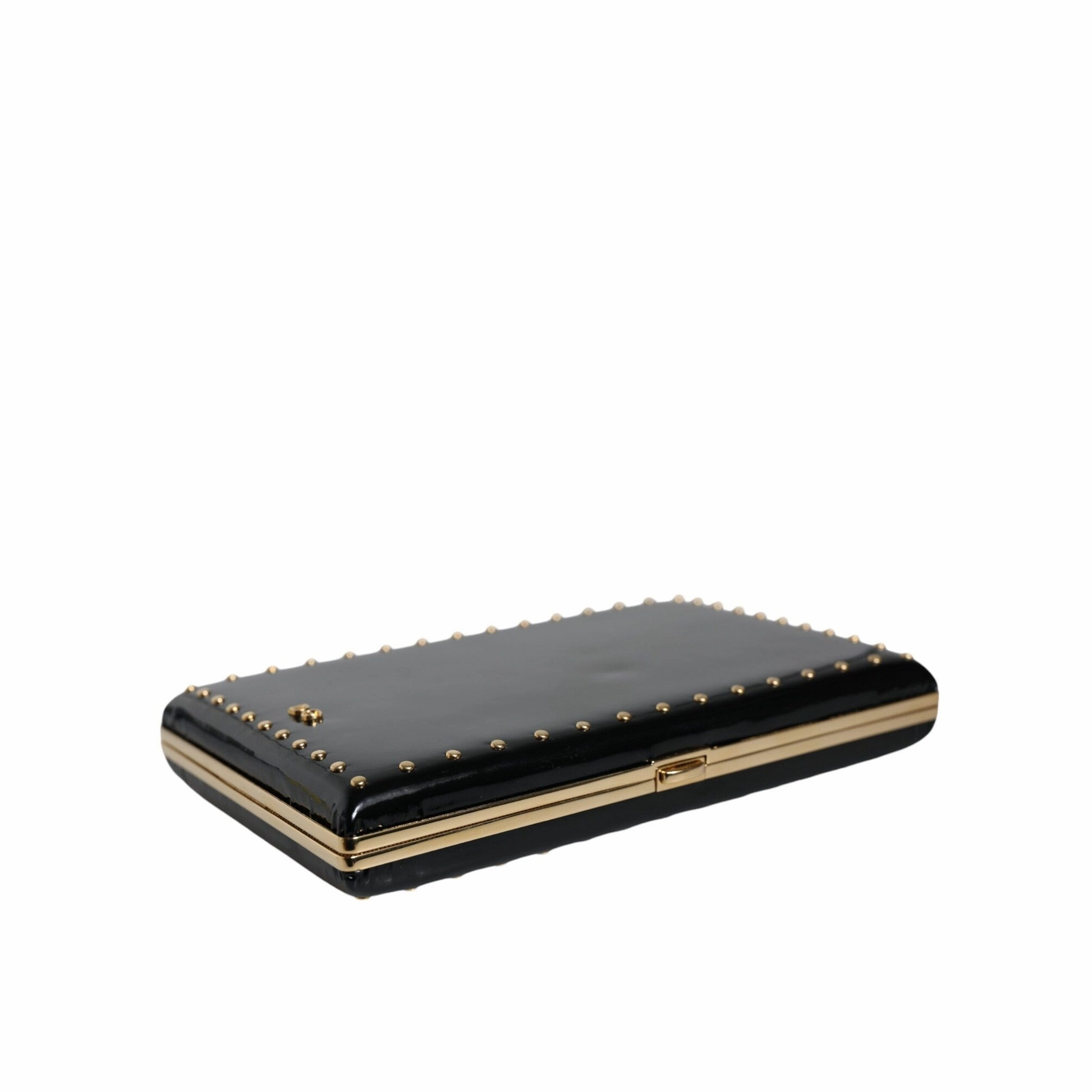 Dolce & Gabbana Black Leather Studs Gold Frame Clutch Evening Purse Women's Bag