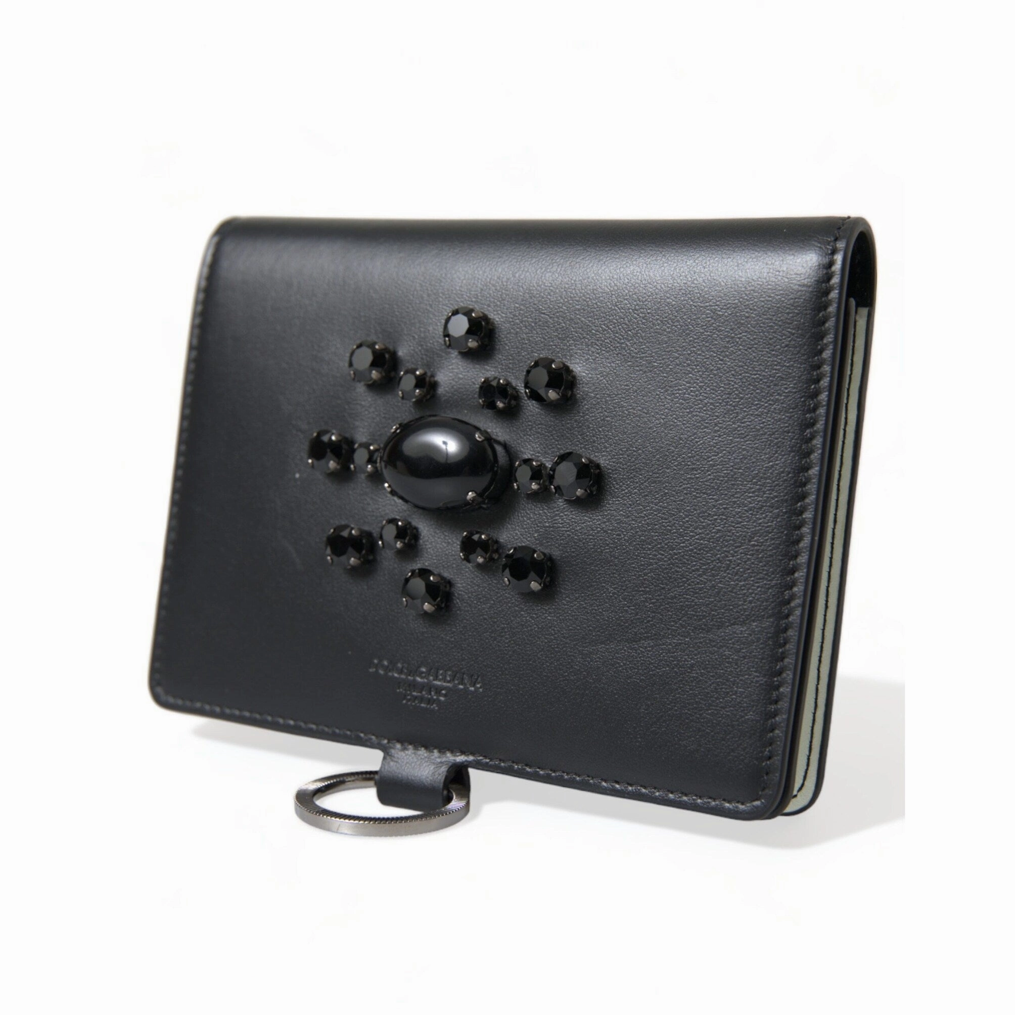 Dolce & Gabbana Elegant Black Leather Crystal Card Holder Women's Wallet - One Size