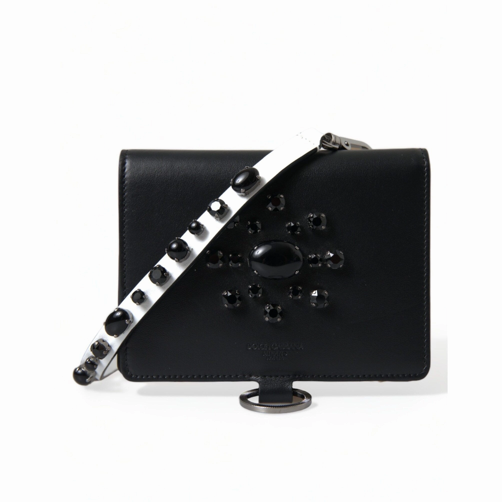 Dolce & Gabbana Elegant Black Leather Crystal Card Holder Women's Wallet - One Size