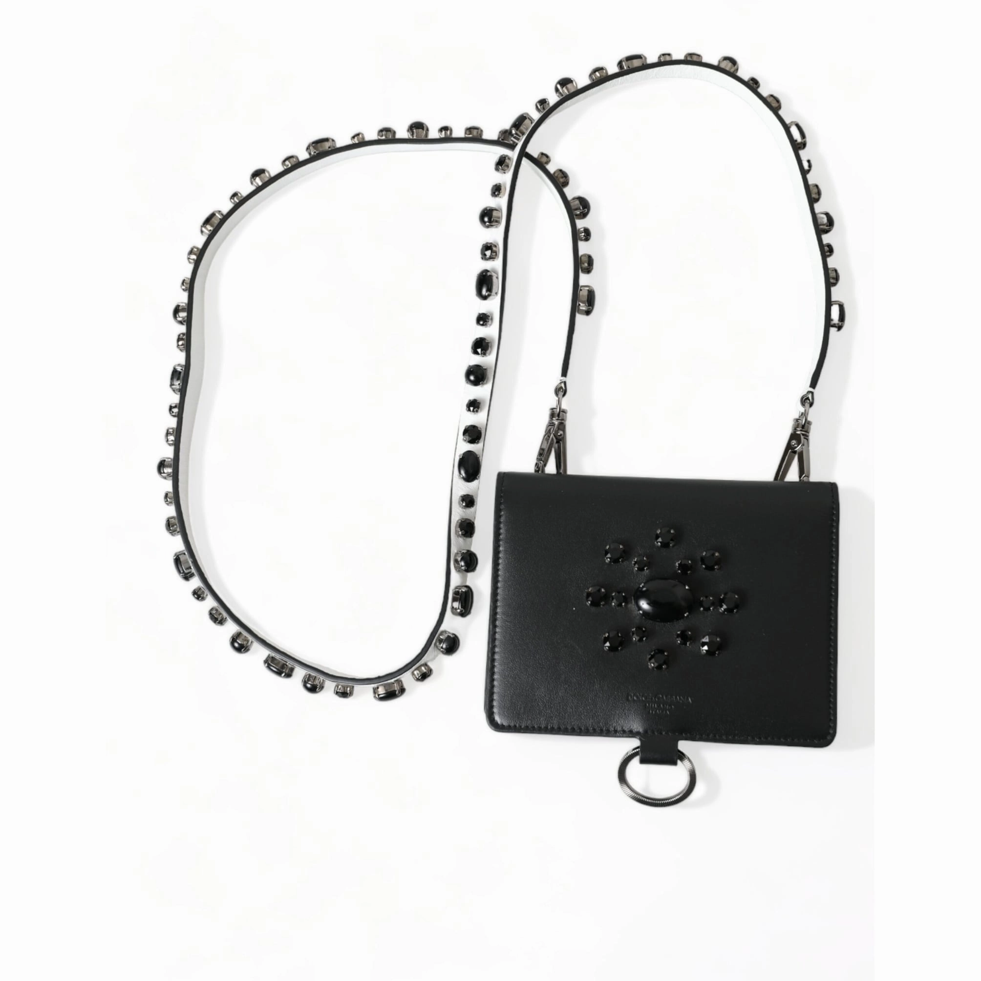 Dolce & Gabbana Elegant Black Leather Crystal Card Holder Women's Wallet - One Size